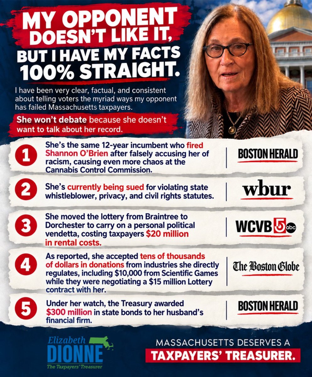 VoteDionneMA's tweet photo. 🚨Facts don’t lie!📣

My opponent doesn’t like it, but I have my facts 100% straight. I have been very clear, factual, and consistent about telling voters the myriad ways my opponent has failed Massachusetts taxpayers. She won’t debate because she doesn’t want to talk about her record.

1.  She’s the same 12-year incumbent who fired Shannon O’Brien after falsely accusing her of racism, causing even more chaos at the Cannabis Control Commission.  https://t.co/lB5DkaTHZq
 
2.  She’s currently being sued for violating state whistleblower, privacy, and civil rights statutes. https://t.co/eC68vBdJj4
 
3.  She moved the lottery from Braintree to Dorchester to carry on a personal political vendetta, costing taxpayers $20 million in rental costs. https://t.co/HIsmeluk2I
 
4.  As reported, she accepted tens of thousands of dollars in donations from industries she directly regulates, including $10,000 from Scientific Games while they were negotiating a $15 million Lottery contract with her. https://t.co/yAg1gGbrRn
 
5.  Under her watch, the Treasury awarded $300 million in state bonds to her husband’s financial firm. https://t.co/7Q3wgEVrPo #mapoli #dionne4treasurer #taxpayerstreasurer #elizabethdionne #votedionnema