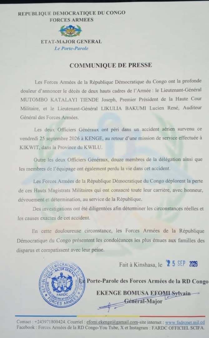 MaishaRdc's tweet photo. #RDC_ONU:

Suspendu il y a quelques mois pour incitation à la haine contre les Tutsis , en promettant d’être poursuivi devant la justice, le général Ekenge vient de signer le communiqué annonçant le décès des hauts officiers militaires et patrons de la justice militaire lors d’un crash à Kenge.

Tout porte à croire que la suspension n’était que fallacieuse.

@AsstSecStateAF @prevotmaxime @USEmbKinshasa @volker_turk @HuangXia16 @ottoplatus @eucopresident @UNHumanRights