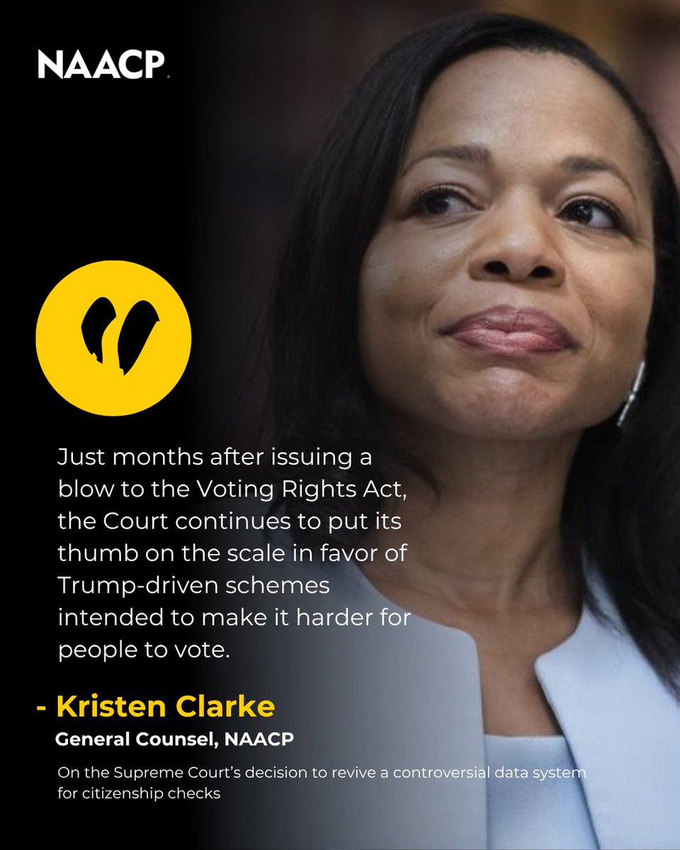 NAACP's tweet photo. The Supreme Court's decision to allow Trump's error-riddled "SAVE" database advances an agenda that threatens voters, not protects them. Qualified citizens could be wrongly flagged as non-citizens. 

To be clear: this ruling does not permit mass voter roll purges.

With fewer than 40 days until the #midterms, we're urging every voter to check their registration, make a plan to vote, and report unlawful actions to 866-OUR-VOTE.

#WethePeople have the power. We will not stop fighting for a fair, accessible democracy.