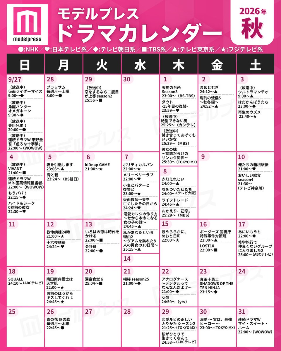 modelpress's tweet photo. ＼2026年秋ドラマカレンダー公開🍂／
📺10月期放送のドラマをご紹介！

LOST10、いろはの恋は時代をかける
ポリティカルパン、俺たちの箱根駅伝
南田南弁護士は天才肌 など

皆さんが楽しみにしているドラマを
#モデルプレスドラマカレンダー で教えてね🙌 https://t.co/tWFZZ4VPDL