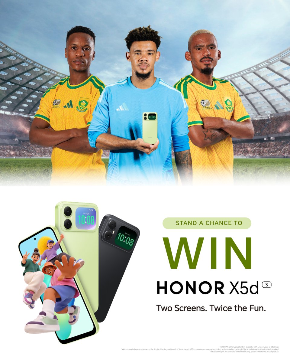 iDiskiTimes's tweet photo. 🚨 𝗪𝗜𝗡, 𝗪𝗜𝗡, 𝗪𝗜𝗡

We're giving away a brand new #HONORX5d phone worth R2499 to one lucky fan.

How to enter:
1️⃣ Like & Repost this post
2️⃣ Follow @HonorAfrica
3️⃣ Predict the score of today's Bafana clash vs Guinea
4️⃣ Must use #HonorXiDiski ‼️

Winner will be announced on Tuesday, 29 September.