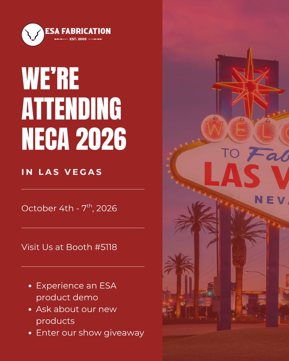 ESAFabrication's tweet photo. ESA is headed to NECA 2026! If you're attending, we invite you to stop by our booth (#5118) for a product walkthrough and to learn about our new solutions. (You also won't want to miss entering our NECA giveaway!) #NECA26 https://t.co/565CixiEg7