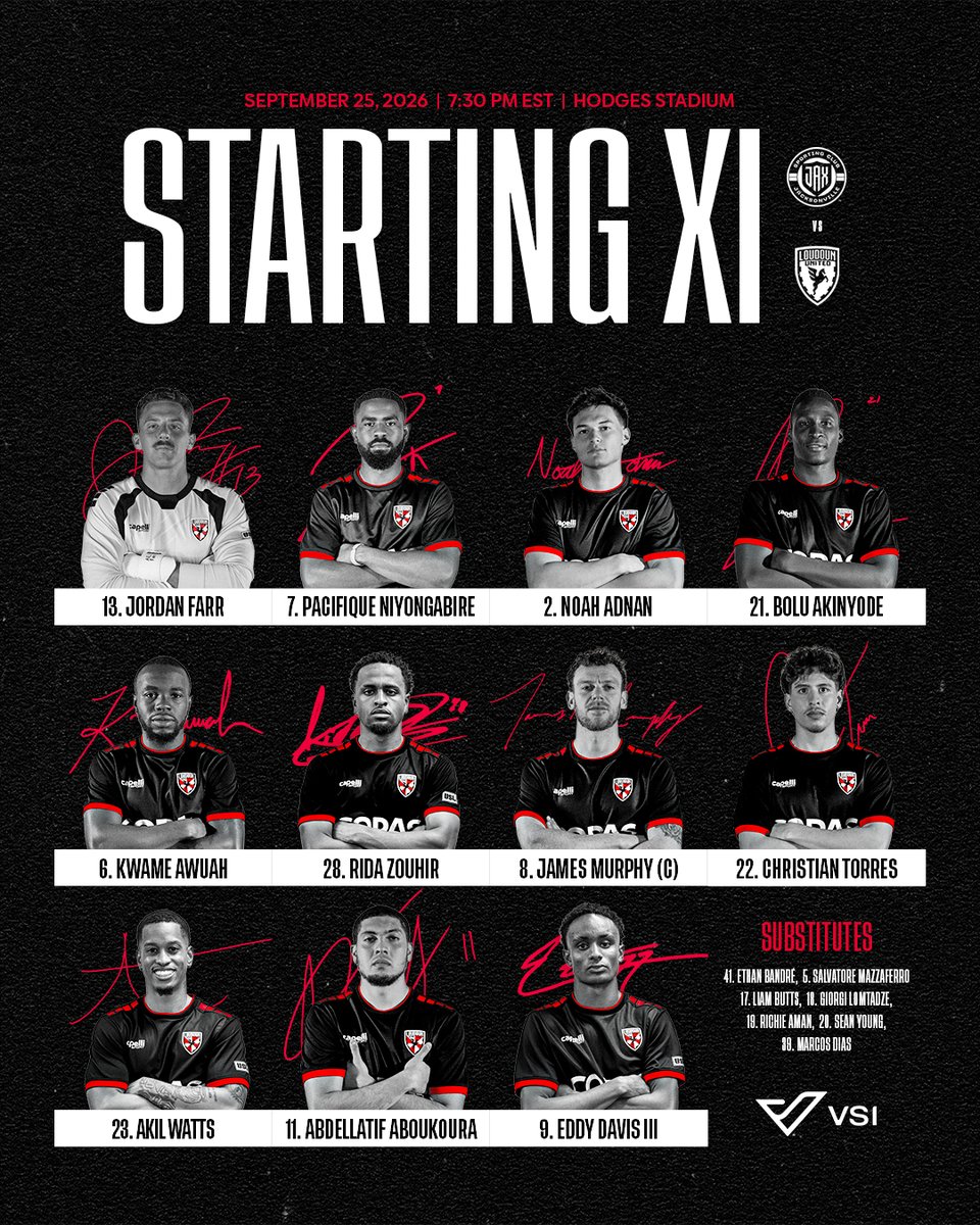 LoudounUnitedFC's tweet photo. 🔴STARTING XI⚪️

💪 Davis III leads the attack
©️ Murphy wears the armband
🧤 Farr returns between the posts

ONE HOUR UNTIL KICKOFF❗️

#JAXvLDN | #LoudAndUnited | @VSI_SPINEMD https://t.co/LLke9na6Au