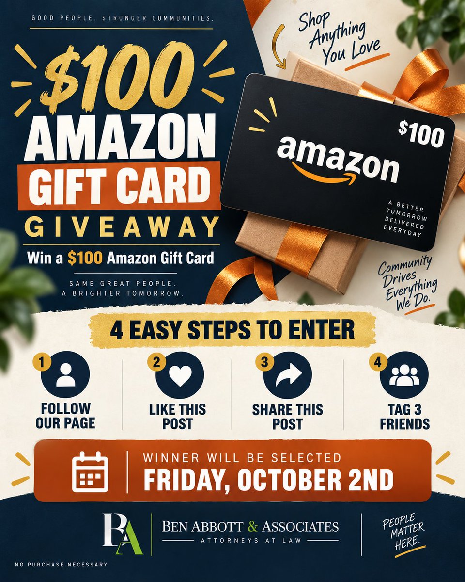 BenAbbottTX's tweet photo. 🎉 **$100 AMAZON GIFT CARD GIVEAWAY!** 🎉

We’re giving one lucky winner a **$100 Amazon Gift Card**!

Entering is easy:

1. **Follow our page**  
2. **Like this post**  
3. **Share this post**  
4. **Tag 3 friends** in the comments

📅 **Winner will be selected Friday, October 2nd!**

⚠️ **Important winner rules:**  
The winner must respond within **15 minutes** of being contacted to claim the prize. If we don’t hear back within 15 minutes, a new winner may be selected. The winner must also be able to **pick up the prize from our Garland office**.

Good luck to everyone who enters, and thank you for supporting **Ben Abbott & Associates**. We love giving back to the community that supports us! 💚

**No purchase necessary.**

#Giveaway #AmazonGiftCard #BenAbbottAndAssociates #GarlandTX #DFW #CommunityGiveaway #Win100