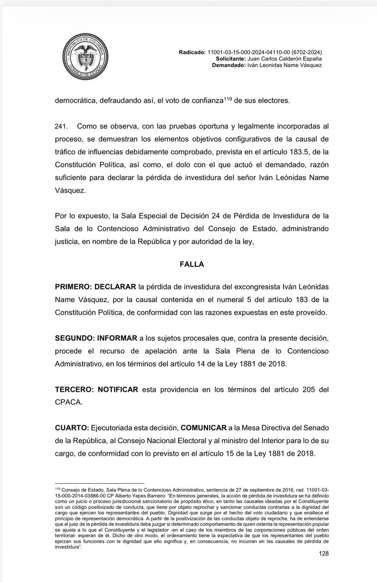 Melquisedec70's tweet photo. Urgente. Queda probado que Petro compró al Congreso.

Se confirma plenamente toda la corrupción de la UNGRD.
El @consejodeestado acaba de decretar la pérdida de investidura del expresidente del Senado, Iván Name.
Durísimo golpe para todos los demás excongresistas y altos exfuncionarios implicados, entre ellos la alta exconsejera Sandra Ortiz.