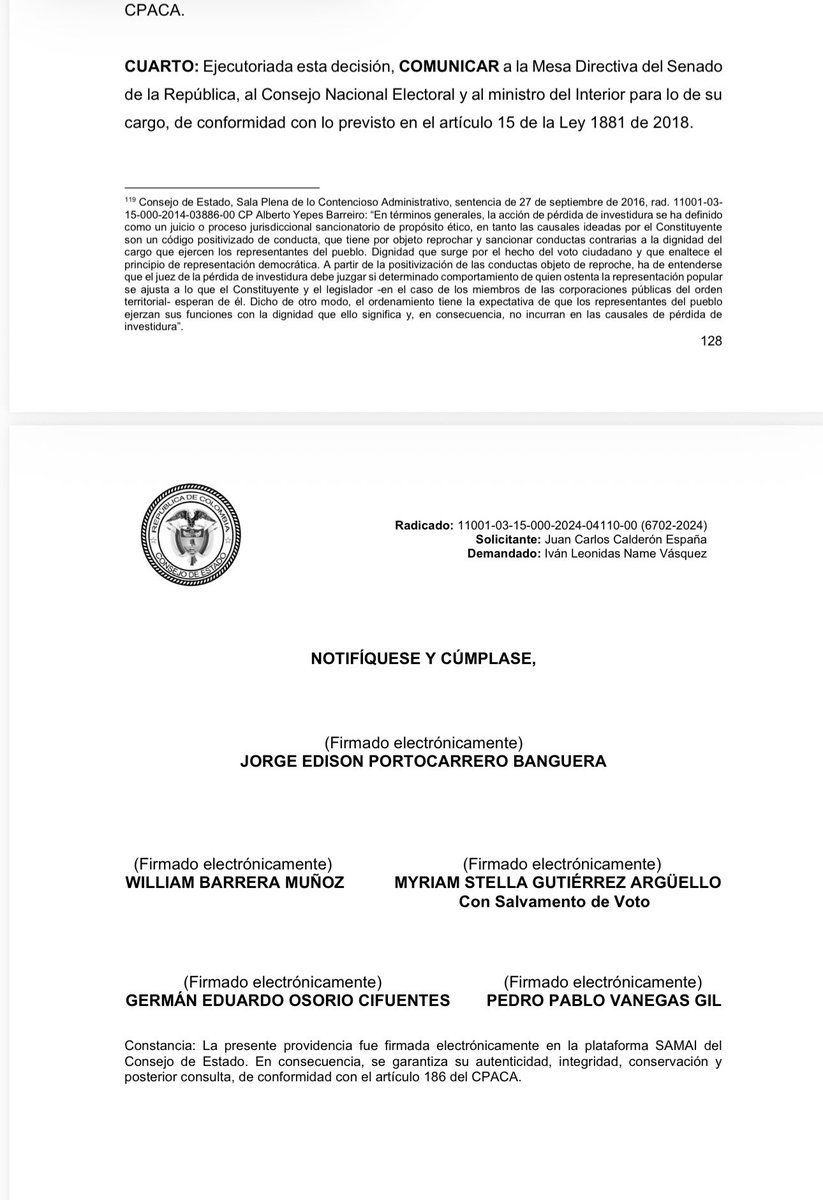 Melquisedec70's tweet photo. Urgente. Queda probado que Petro compró al Congreso.

Se confirma plenamente toda la corrupción de la UNGRD.
El @consejodeestado acaba de decretar la pérdida de investidura del expresidente del Senado, Iván Name.
Durísimo golpe para todos los demás excongresistas y altos exfuncionarios implicados, entre ellos la alta exconsejera Sandra Ortiz.