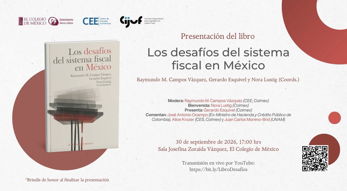 esquivelgerardo's tweet photo. Este miércoles 30, 5pm, presentaremos el libro: "Los desafíos del sistema fiscal en México".
en @ElColmex

#EntradaLibre

Participan:
@rmcamposvazquez,
@noralustig,
@JoseA_Ocampo 
@alicekrozer,
Juan Carlos Moreno-Brid y su servidor. https://t.co/YRp2mlJ5HS