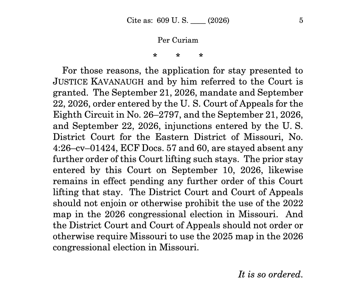 BigElad's tweet photo. The Supreme Court rules that Missouri's 2022 map will be in effect during the general election. https://t.co/h84VZS81k0