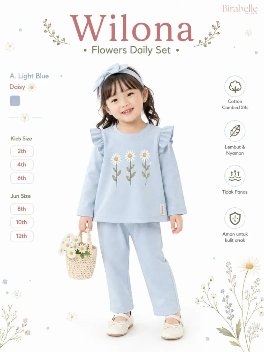 tre_high's tweet photo. Detail Wilona: Cotton Combed 24s yang lembut dan nyaman di kulit anak. Atasan ruffle, sablon rubber water based, serta celana panjang berpinggang elastis. Cocok untuk aktivitas harian hingga quality time keluarga. https://t.co/vKnQH40JT5