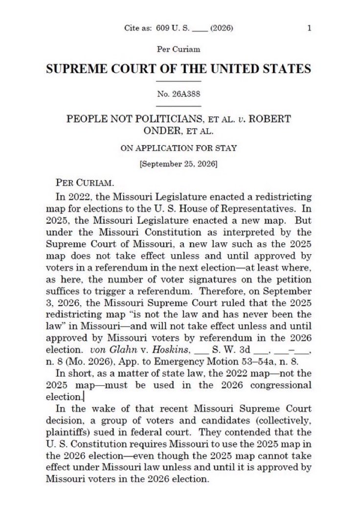 PollTracker2024's tweet photo. SCOTUS: “In short, as a matter of state law, the 2022 [Missouri] map—not the 2025 map—must be used in the 2026 congressional election.”

There are no noted dissents. https://t.co/hREVBFtvTf