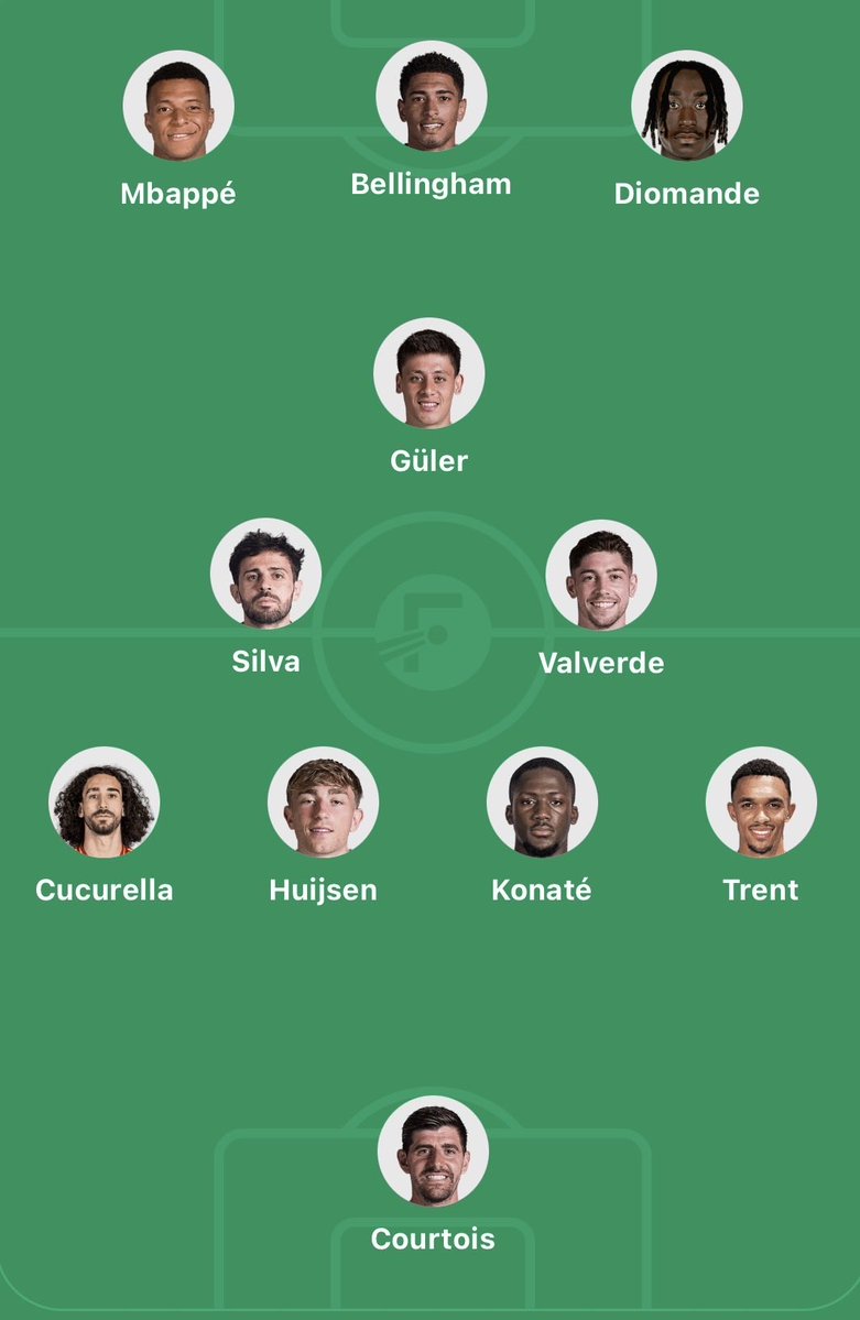 dhx0759136's tweet photo. This is the best lineup we can field rn.

Jude gets false 9
KM gets the left side
Guler plays in his natural position
Silva controls the tempo
Valverde provides energy

Jude drops for build up, the wingers spread wide and the 4 midfielders can find them and jude back as 9 https://t.co/6WTD2w71CW