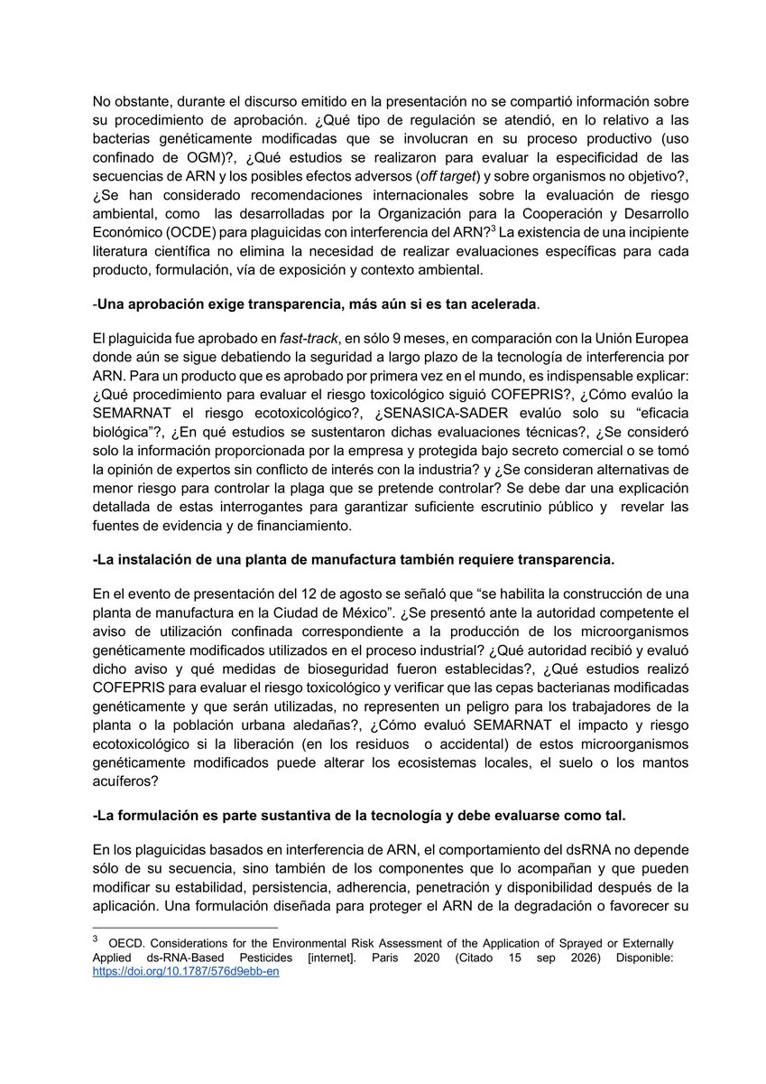 elpoderdelc's tweet photo. 🤨México se convirtió en el primer país del mundo en aprobar un fungicida de ARN de interferencia (ARNi) para la vid, otorgado por @COFEPRIS a GreenLight Biosciences.
La autorización tomó solo 9 meses, mientras que en la UE la tecnología sigue en debate por sus riesgos a largo plazo.
📢😰México no debe ser un campo de experimentación.
Lee la exigencia colectiva junto con @actuaporlasalud y @cnsmnhpmx 
https://t.co/upd9rSf6hu