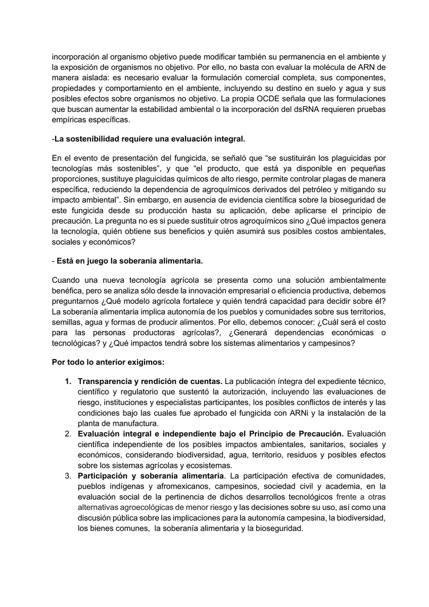 elpoderdelc's tweet photo. 🤨México se convirtió en el primer país del mundo en aprobar un fungicida de ARN de interferencia (ARNi) para la vid, otorgado por @COFEPRIS a GreenLight Biosciences.
La autorización tomó solo 9 meses, mientras que en la UE la tecnología sigue en debate por sus riesgos a largo plazo.
📢😰México no debe ser un campo de experimentación.
Lee la exigencia colectiva junto con @actuaporlasalud y @cnsmnhpmx 
https://t.co/upd9rSf6hu