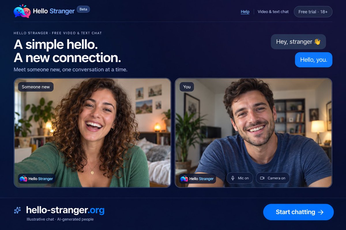 hellostrangewb's tweet photo. 👋 Meet someone new on Hello Stranger!

Jump into random webcam chats and see who’s out there 🌍📹

We’re still in BETA, so come test it out and help us grow!

🔗 https://t.co/Fx3j45KW9x

#HelloStranger #WebcamChat #RandomChat #MeetNewPeople #OnlineChat https://t.co/eFsnGpyk4D