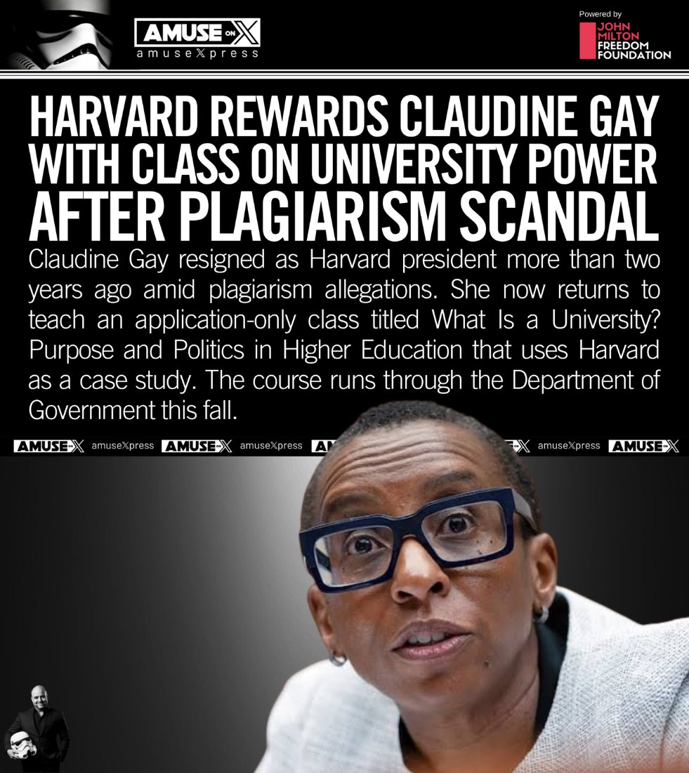 amuse's tweet photo. PRIVILEGE: So often, people like Claudine Gay lecture us on white privilege, and yet it seems to me they have all the privilege. If any of us were hired to lead Harvard and it later turned out we plagiarized our doctoral thesis, we'd never set foot on campus as a professor again.