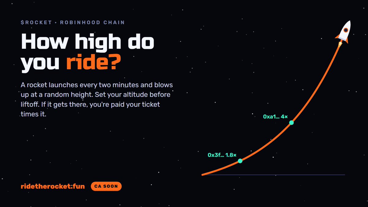 RocketPONS's tweet photo. How high do you ride?

A rocket launches every two minutes and blows up at a random height. Set your altitude before liftoff, and if it gets there, you're paid your ticket times it.

Nobody knows where it blows. Not even us.

$ROCKET

https://t.co/ZZx0wCx364 https://t.co/2YgFcBc8CW
