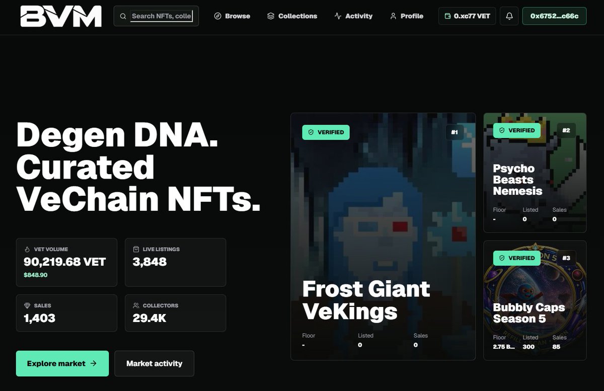 BlackVeMarket's tweet photo. Looking for a place to sell your $VET NFTs?  

Look no further!  

BVM is still indexxing all NFTs of all collections but is fully usable already for indexxed assets!  

Discover Projects from the OG VNFT Era up to today's NFTs! https://t.co/rYaDZOJSWm