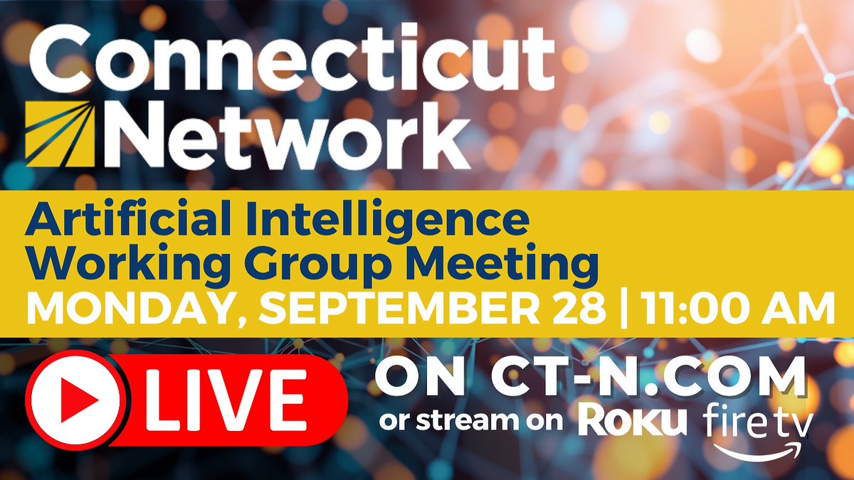 CTNetworkTV's tweet photo. Tune in Monday to watch the AI Working Group live on cable, Roku, Fire TV, or online at https://t.co/eJUt3BSqBm. The meeting includes presentations by the Nat'l Conference of State Legislatures, Data Center Coalition, and CT Academy of Science &amp; Engineering #AIWorkingGroupCT #ctn https://t.co/lTm71Fi54l