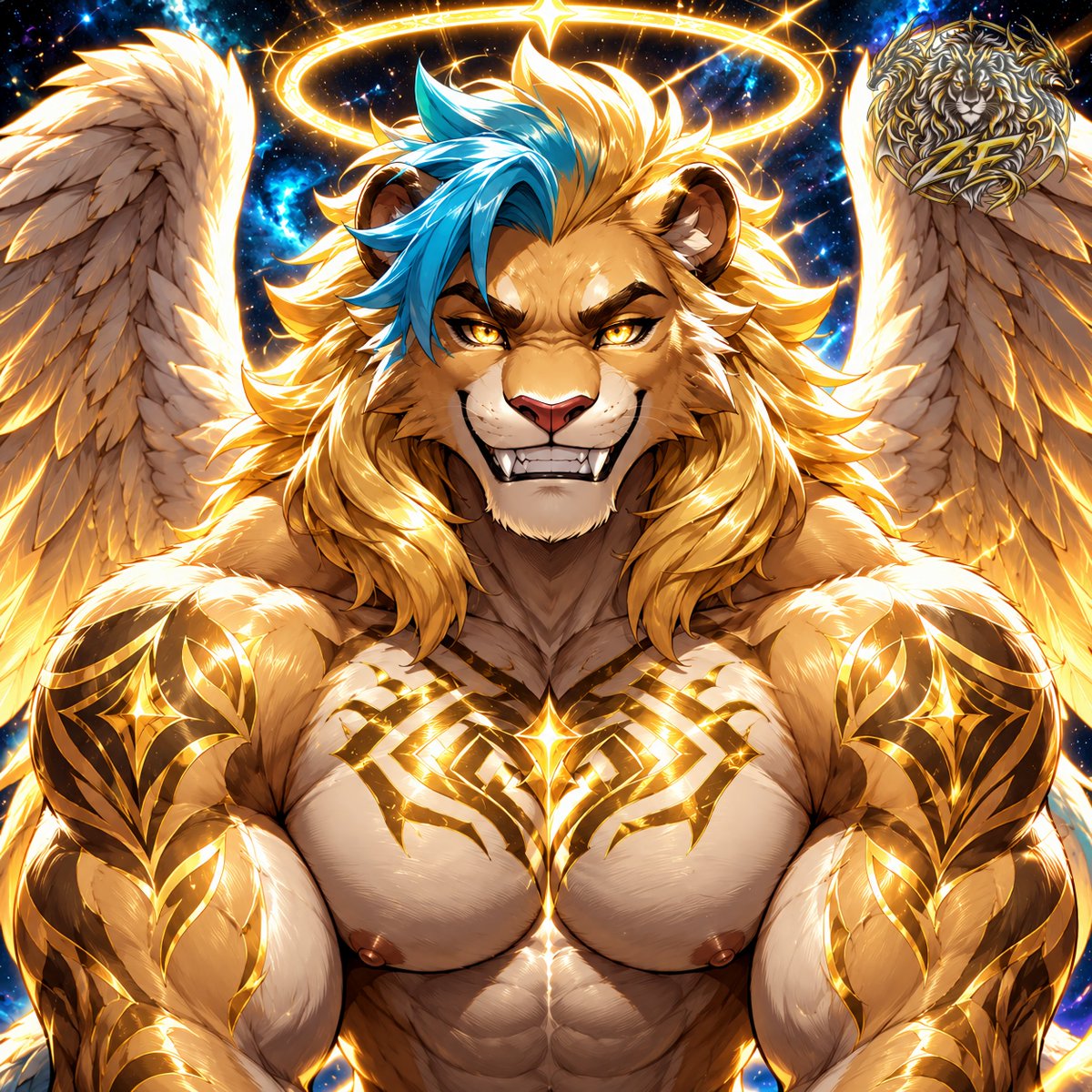 force6265's tweet photo. This is my new and main OC. 
Name: Zephyr Force
Age: 6 million years
Species: Celestial Lion
Gender: Male
Height: 6'4 (193 cm)
Personality: kind, playful, friendly, shameless, proud of his nudes, seductive, a little needy, protective, fearless, and a bit provocative.
#Furry #Bara https://t.co/sFgPJlncMF