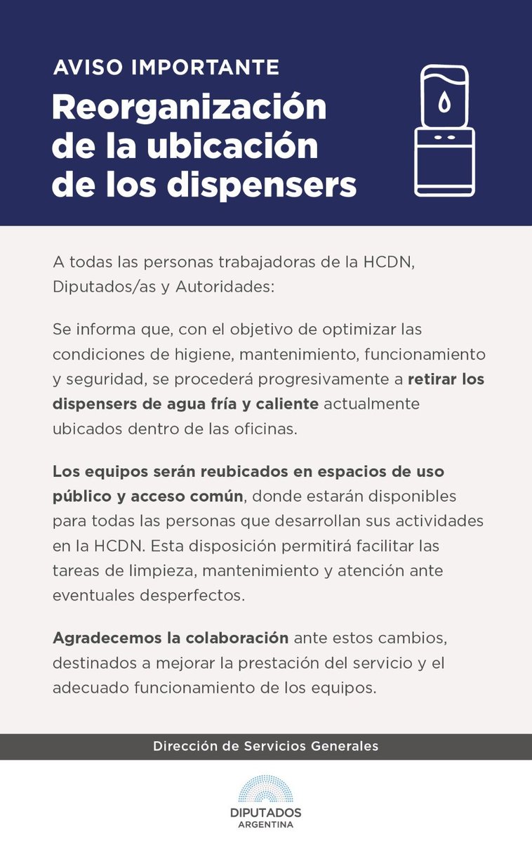 jebossi's tweet photo. ¿Ajuste o limpieza? Sacan los dispensers de agua de las oficinas de la Cámara de Diputados por cuestiones de "higiene". Incluidos los instalados en despachos de legisladores. Los empleados están que trinan. 👇🏻 https://t.co/q6xcKUjqga