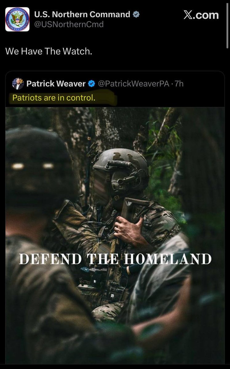 US_debt_clock1's tweet photo. U.S. Northern Command …

We have the watch.
Patriots are in Control, 

via Hegseth Deputy Chief of Staff https://t.co/qmre8TPtMy