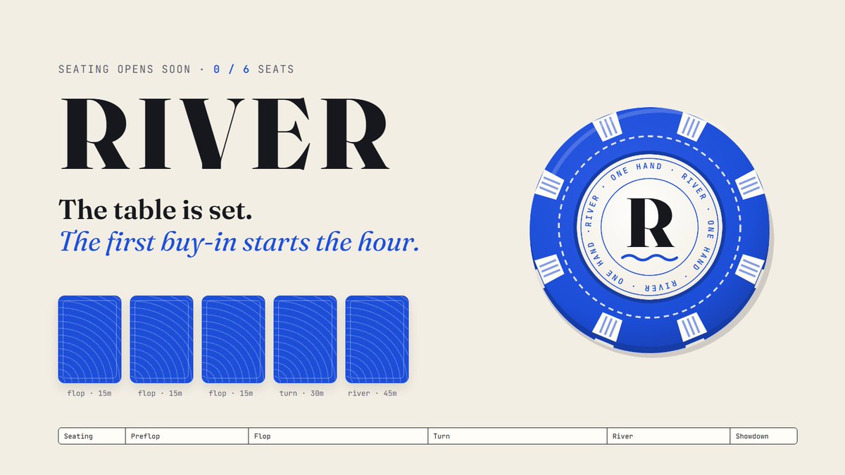 RiverPons's tweet photo. The table is set.

Buy in and get two cards. The flop comes at 15 minutes, the turn at 30, the river at 45. One move per street: fold, stay or raise. Showdown at the top of the hour.

Six seats. One house hand. Coming soon. https://t.co/LWC40KvJP1