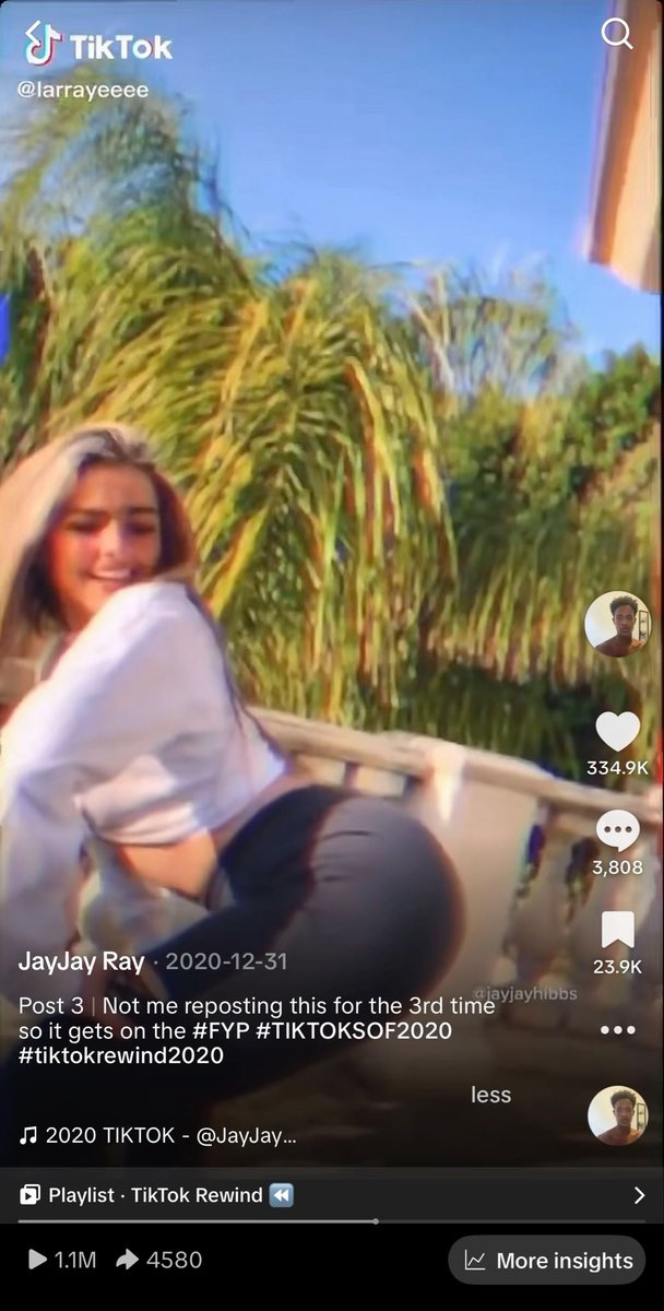 A TikTok screenshot from @larrayeeee dated 2020-12-31 shows a young woman dancing outdoors. The video has 1.1M plays, 334.9K likes, and the caption mentions reposting for '#FYP #TIKTOKSOF2020 #tiktokrewind2020'.