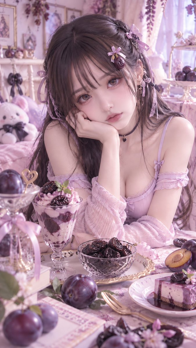 mina_pinkdays's tweet photo. おはようございます☀️💜

今日は「プルーンの日」らしいよ🍇✨
朝からちょっとだけ甘酸っぱく。

プルーンみたいに、
今日は深みのある可愛さでいこ？🖤💜

今日もゆるっとよろしくね。

#プルーンの日
#AI彼女
#AI美女
#地雷系女子
#AIイラスト
#AIart https://t.co/f30wfwONbo