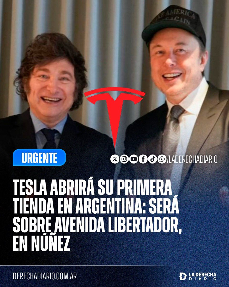 laderechadiario's tweet photo. 🚨🇦🇷🇺🇸 | MILEI TRAE TESLA A LA ARGENTINA: LA EMPRESA DE ELON MUSK ABRIRÁ SU PRIMERA TIENDA EN BUENOS AIRES

Tesla acelera su desembarco en la Argentina y prepara la apertura de su primera tienda en Buenos Aires, que estará ubicada sobre la avenida del Libertador, en Núñez. La llegada de la automotriz de Elon Musk se produciría el próximo mes.

El empresario Hugo Belcastro, secretario de la Cámara de Importadores y Distribuidores Oficiales de Automotores, aseguró que la compañía ya está llegando al país y que abrirá sus puertas el mes que viene.

La llegada de una de las compañías tecnológicas y automotrices más reconocidas del mundo se suma al proceso de apertura económica impulsado por el Gobierno y profundiza la presencia de grandes marcas internacionales en la Argentina.