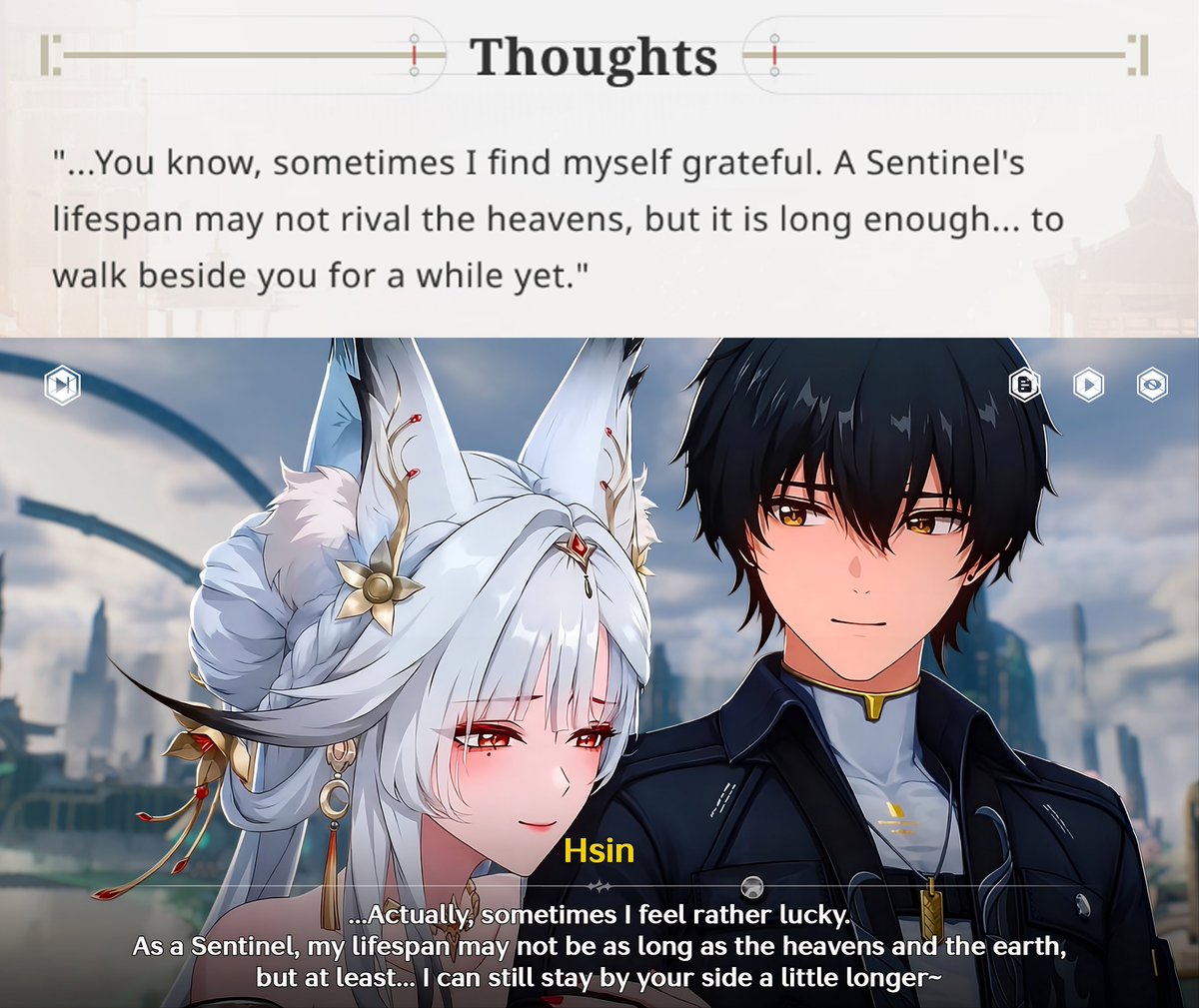 KagaOnda's tweet photo. Hsin’s thoughts toward Rover. The official EN version and the direct translation version. Same tone, same meaning. Hsin is still thankful that she became a Sentinel so she could be with Rover longer.

I told you all, the Fox is a yearner. 😭 https://t.co/vIOCYKcaYZ