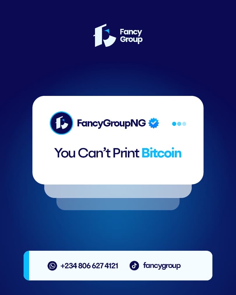 Fancygroupng's tweet photo. You can’t print Bitcoin.
Unlike traditional money, Bitcoin has a fixed supply of 21 million coins.
#scarcity #Bitcoin #Print https://t.co/qCQmZZ8qeW