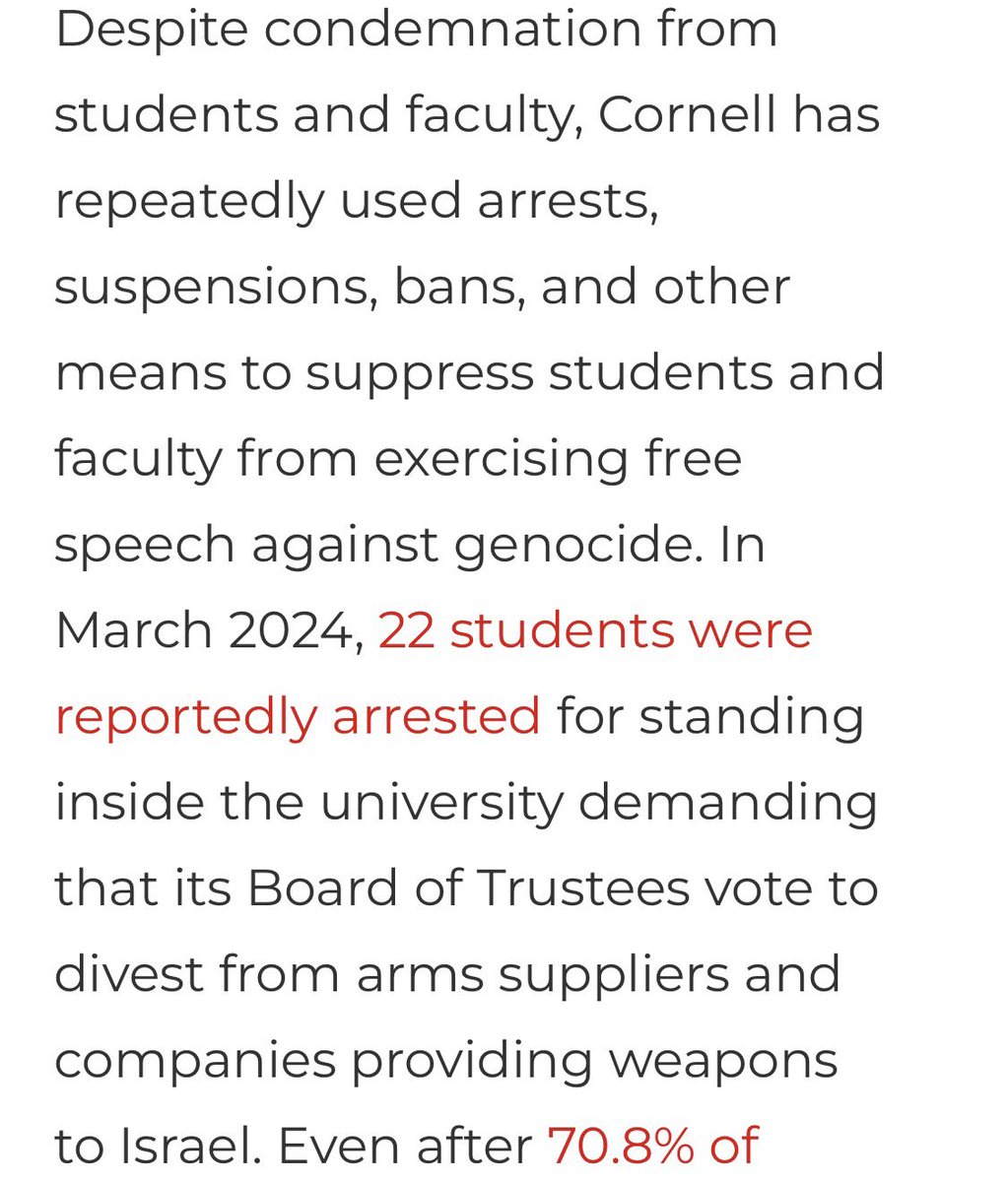 emkenobi's tweet photo. So 22 students were arrested, suspended, and banned from Cornell University in 2024 for protesting genocide, yet in the same year a girl was raped by seven other students who received zero consequences and were allowed to continue attending university. 

Protesting and utilizing a protected right under the First Amendment results in being banned from campus, but raping a student for multiple hours is perfectly fine? 

@Cornell you claim to encourage freedom of speech on your campus and say you take sexual violence seriously, guess both of those things are false.
