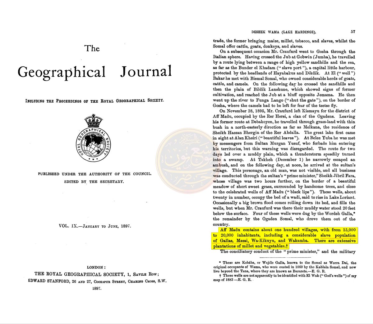 Jabartite's tweet photo. The Somali Enslavement of the Kikuyu and Masai [1897]

An 1897 account describes Aff Madu (Af Madow) as having 100 villages and 15,000-20,000 inhabitants, including a “considerable slave population” of Kikuyu and Masai, as well as other groups such as ”Gallas“ (Oromo) and Kamba. https://t.co/t816E5SrXx