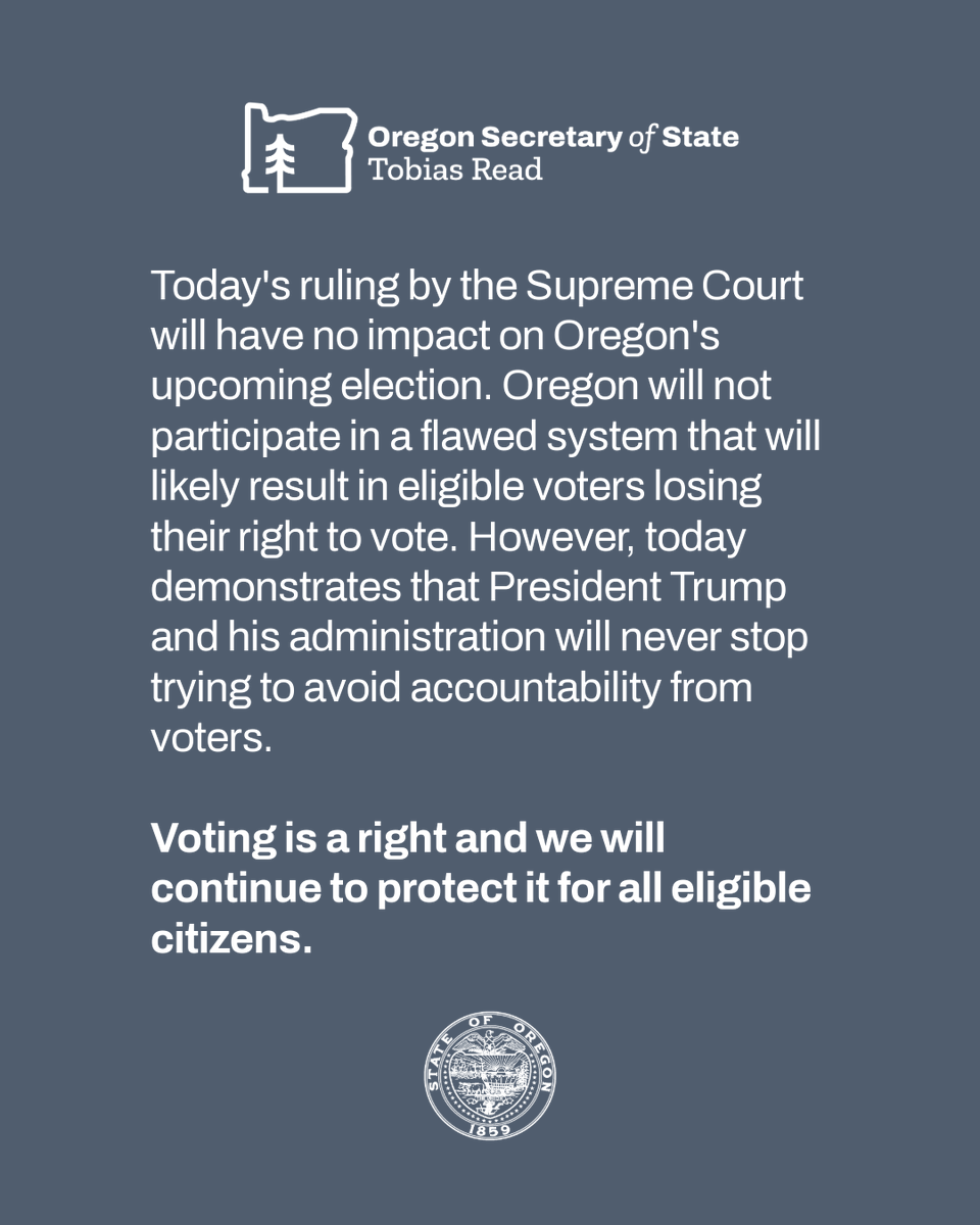 ORSecretaryRead's tweet photo. The SCOTUS ruling on the SAVE database will not impact Oregon's upcoming election. Oregon will not participate in a flawed system that will likely result in eligible voters losing their right to vote. Voting is a right &amp; we'll continue to protect it for all eligible citizens. https://t.co/RMhQwWavdp