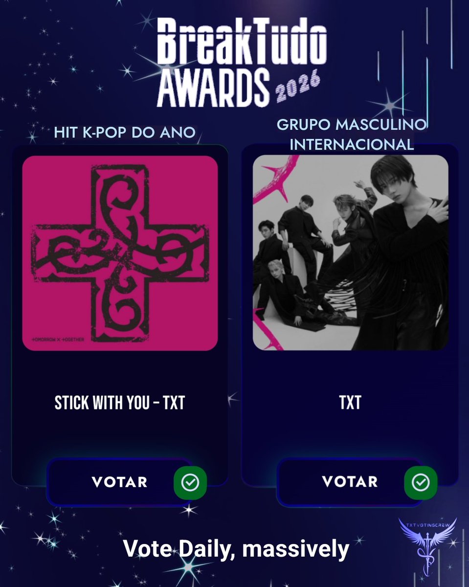 txtvotingcrew's tweet photo. 📢 MOAs, have you voted today for BreakTudo Awards? 
Let's be consistent, vote daily. Let's leave no regrets for this awards.
— No ads, no login required, unlimited

🗳 Kpop Hit of the Year
https://t.co/DkhtoUbv1F

🗳 International Male Group 
https://t.co/v2STUaYpi6

#MO4TXT #MOAISONE 
#TOMORROW_X_TOGETHER