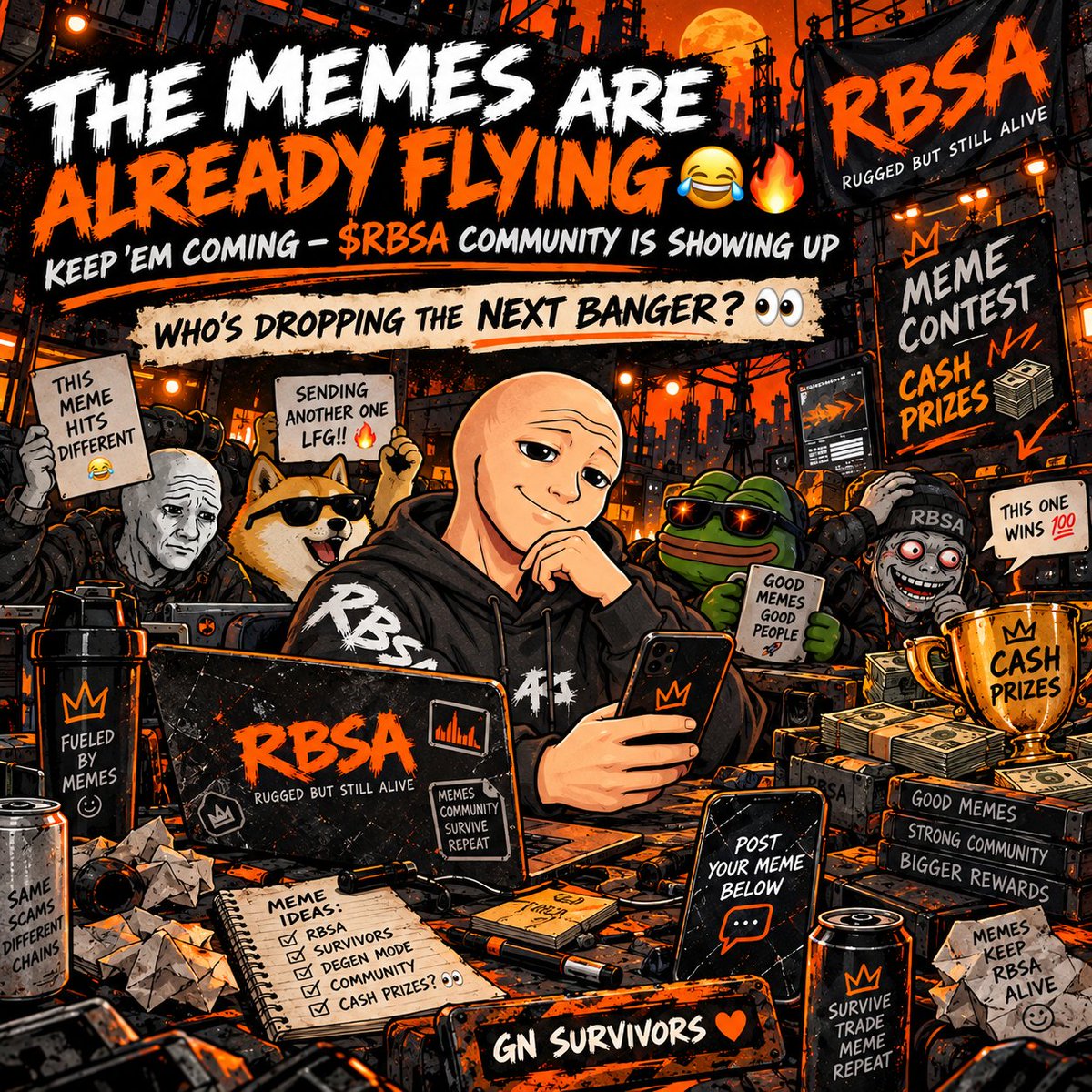RuggedBSA's tweet photo. The memes are already flying 😂🔥

Keep ’em coming, the $RBSA community is showing up.

Who’s dropping the next banger? 👀

GN SURVIVORS 🧡 https://t.co/abCDtNU2jp