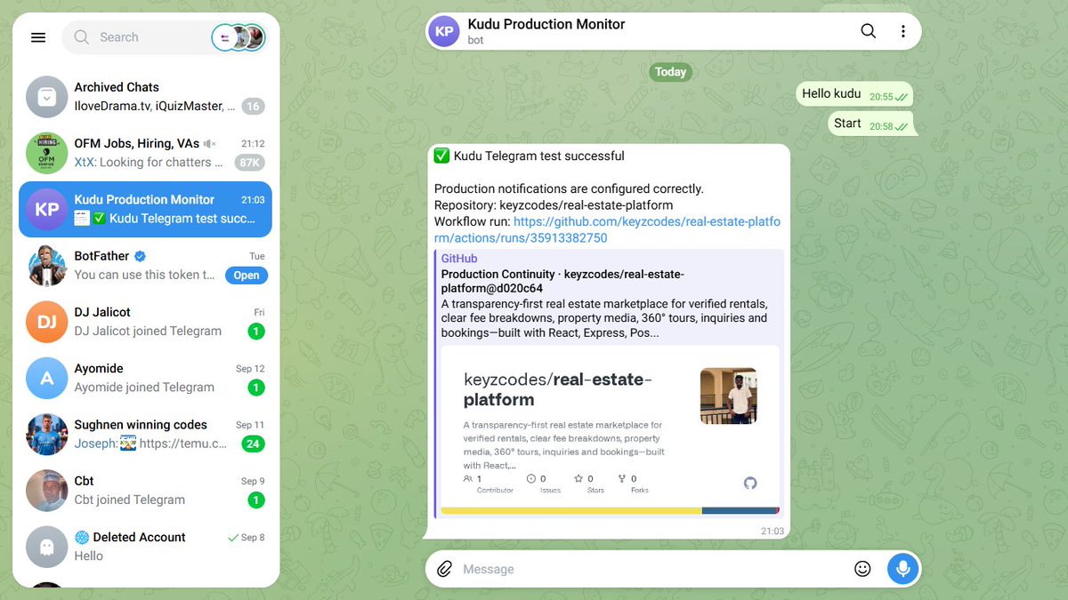 itz_Keyz001's tweet photo. Kudu is now a live, monitored production pilot.

React frontend → Cloudflare Workers
Express API → Render
PostgreSQL + Auth → Supabase
CI + smoke tests → GitHub Actions
Failure alerts → Telegram
Here’s what changed and what production taught me. 🧵 1/14 https://t.co/5Q83rl9yl1