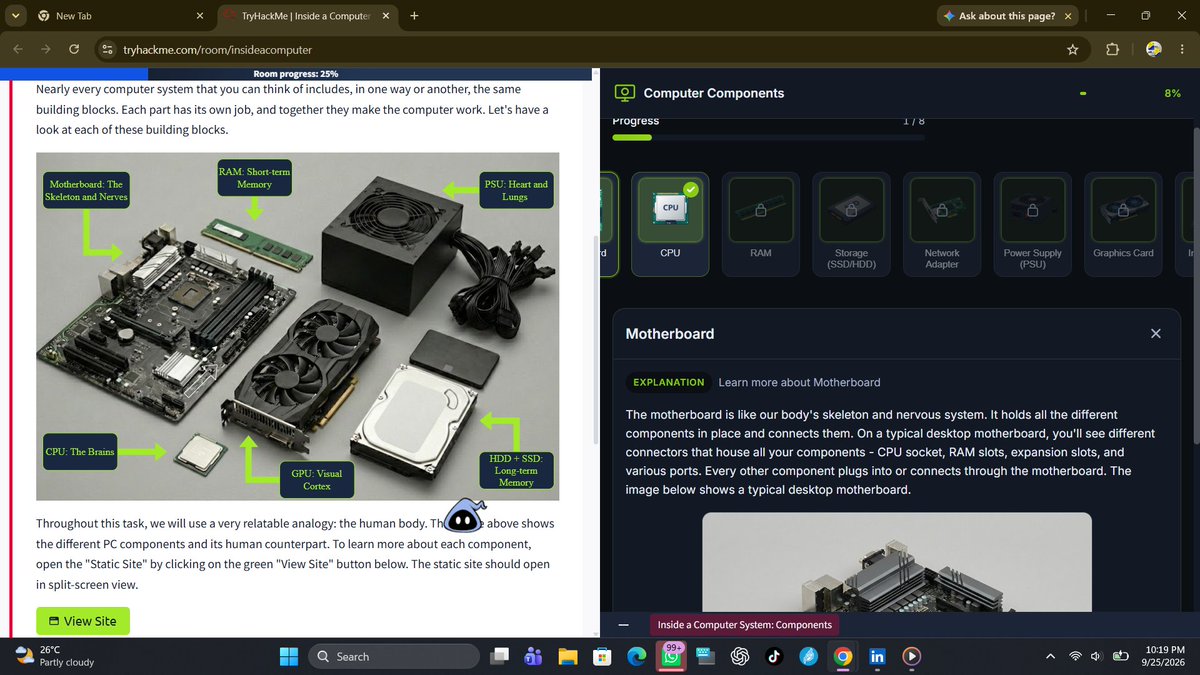 zai11005's tweet photo. Day 5/60
Completed the "inside of a computer" via tryhackme 
Learnt how the CPU,RAM,PSU.... Connects on a motherboard
Learnt the boot process: Power Button → Firmware (UEFI/BIOS) → POST → Boot Device → Bootloader.
#60daysofcyber_forge @the_cyberforge https://t.co/8rcHB5EM7o