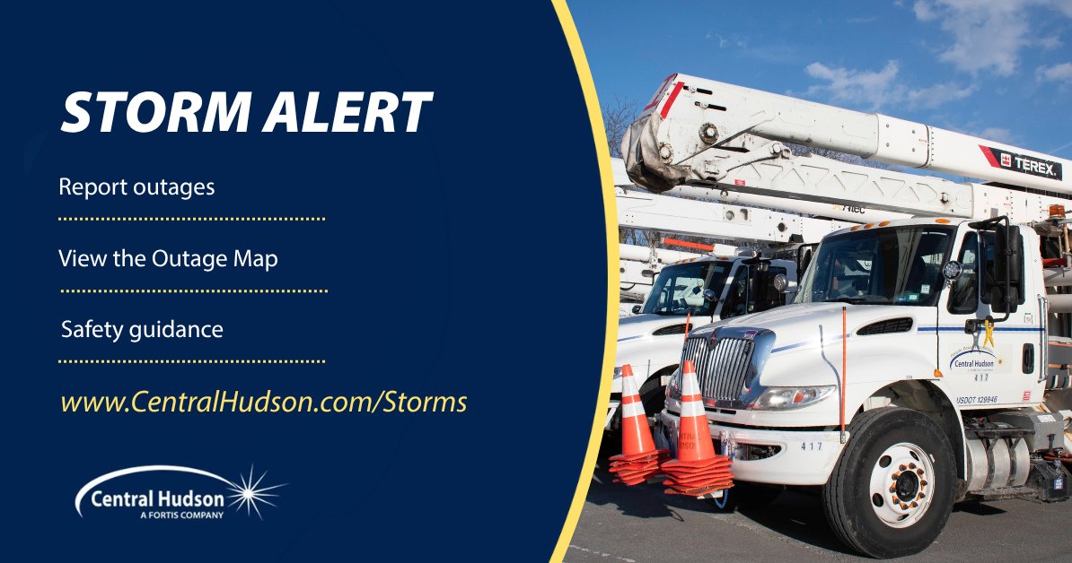 CentralHudson's tweet photo. ⚠️ Central Hudson is prepared for potentially damaging storms that may hit our region Saturday and Sunday.

You can report outages, view our Outage Map and find storm preparation and safety tips at https://t.co/bQAyPTnGf4. You may also report an outage by texting OUT to 236483.

Remember to stay at least 30 feet away from fallen power lines and anything they contact. Report fallen power lines by calling 911. 

#Storms #Safety #Weather #HudsonValley #CentralHudson