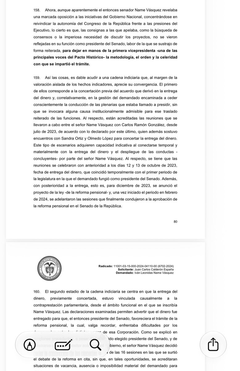 ricarospina's tweet photo. ATENCION: En el fallo en el que decreta su “muerte política”, el @consejodeestado documentó las irregularidades cometidas por el entonces presidente del @SenadoGovCo @IvanNameVasquez durante el trámite de la reforma pensional en 2024, al dejar presidiendo en 14 de las 16 sesiones en las que se discutió el proyecto, a la senadora del @PactoCol @PizarroMariaJo sin una justificación legal. Esta actuación se dio, según el Consejo de Estado, en el contexto de la presunta entrega de tres mil millones de pesos en efectivo a Name por parte de funcionarios del gobierno de @petrogustavo
