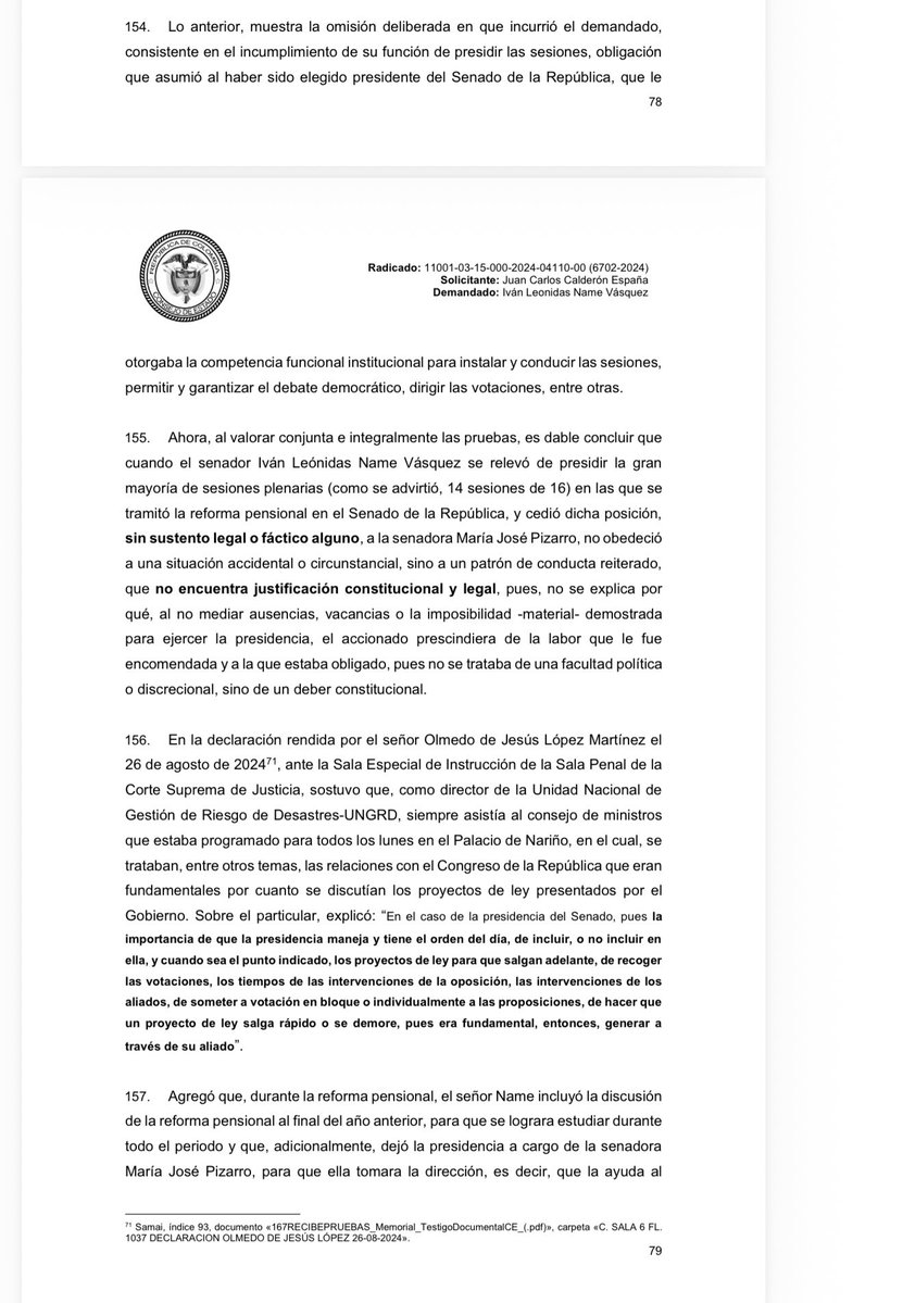 ricarospina's tweet photo. ATENCION: En el fallo en el que decreta su “muerte política”, el @consejodeestado documentó las irregularidades cometidas por el entonces presidente del @SenadoGovCo @IvanNameVasquez durante el trámite de la reforma pensional en 2024, al dejar presidiendo en 14 de las 16 sesiones en las que se discutió el proyecto, a la senadora del @PactoCol @PizarroMariaJo sin una justificación legal. Esta actuación se dio, según el Consejo de Estado, en el contexto de la presunta entrega de tres mil millones de pesos en efectivo a Name por parte de funcionarios del gobierno de @petrogustavo