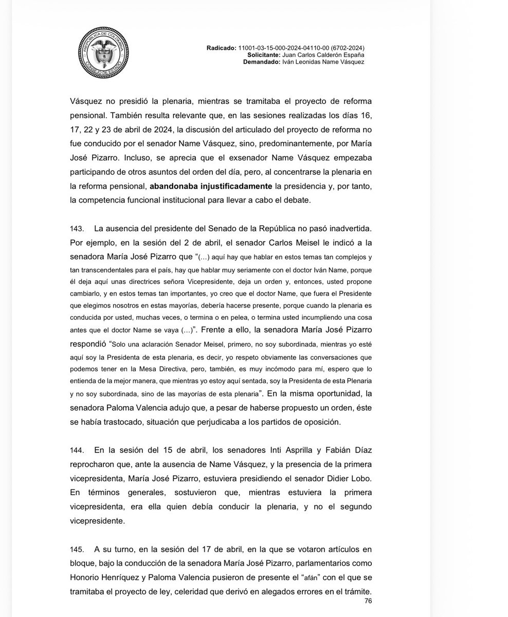 ricarospina's tweet photo. ATENCION: En el fallo en el que decreta su “muerte política”, el @consejodeestado documentó las irregularidades cometidas por el entonces presidente del @SenadoGovCo @IvanNameVasquez durante el trámite de la reforma pensional en 2024, al dejar presidiendo en 14 de las 16 sesiones en las que se discutió el proyecto, a la senadora del @PactoCol @PizarroMariaJo sin una justificación legal. Esta actuación se dio, según el Consejo de Estado, en el contexto de la presunta entrega de tres mil millones de pesos en efectivo a Name por parte de funcionarios del gobierno de @petrogustavo