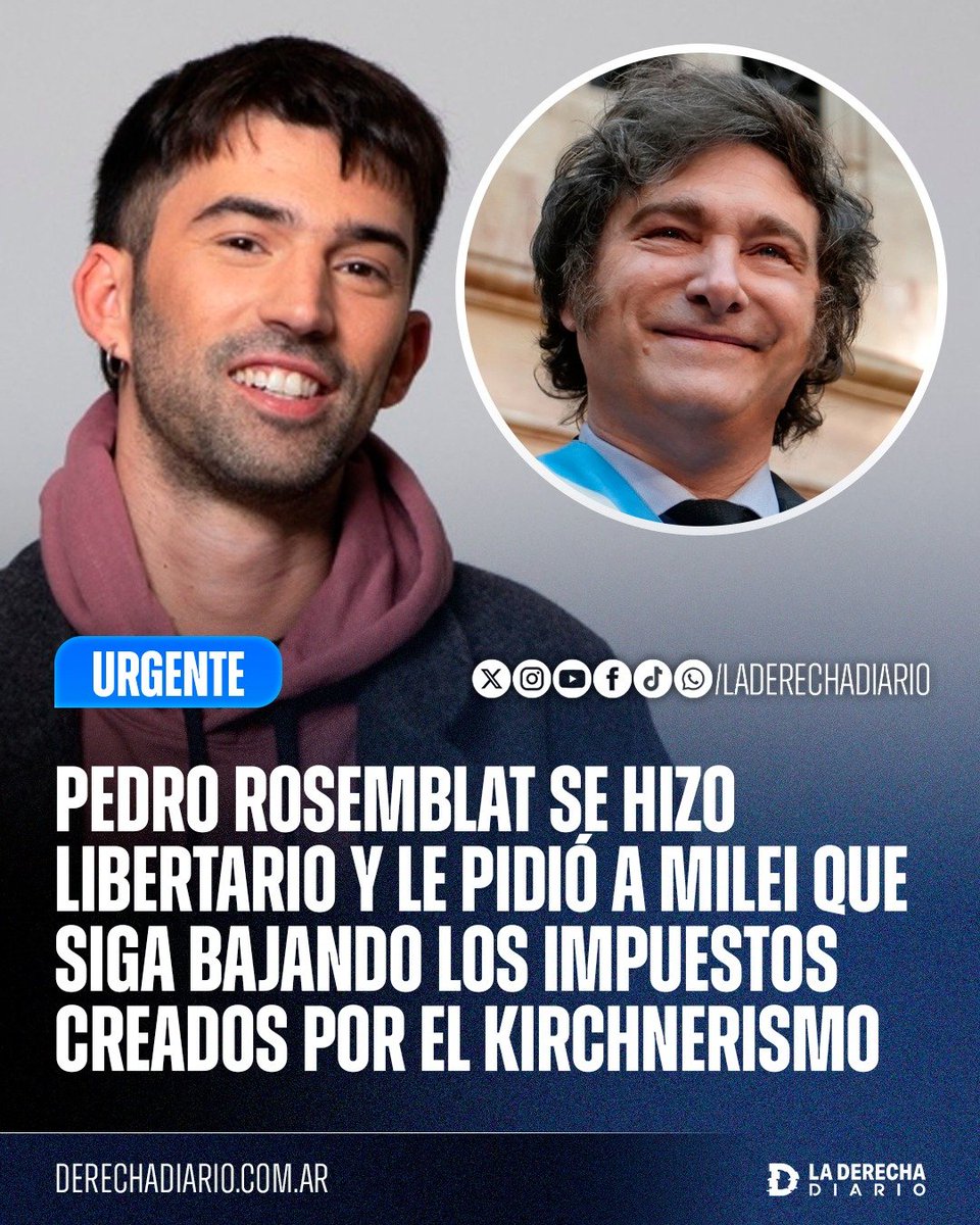 laderechadiario's tweet photo. 🚨🇦🇷 | PEDRO ROSEMBLAT SE HIZO LIBERTARIO Y LE PIDIÓ A MILEI QUE SIGA BAJANDO LOS IMPUESTOS CREADOS POR EL KIRCHNERISMO

El dueño del streaming Gelatina, Pedro Rosemblat, reconoció el desastre provocado por el kirchnerismo en el sistema tributario argentino, uno de los más nocivos y persecutorios del mundo hasta la llegada de Milei, y le pidió al Presidente que continúe con su agenda de reformas tributarias y de baja y eliminación de los impuestos creados bajo los gobiernos K.

"Hay un problema con el sistema tributario argentino. Algo que toda la vida escuchó a los empresarios quejándose, sobre todo pymes. Empiezo a acercarme un poco a esa idea... Cuando veo cuánto me cuesta cumplir con las obligaciones tributarias versus lo que nosotros recaudamos, veo que tenemos un problema".