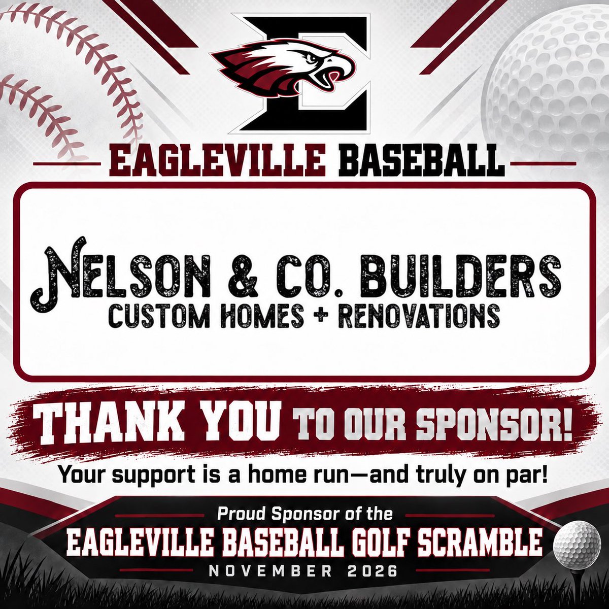 PoynorAmber's tweet photo. Thank you to Justin and Renee Nelson with Nelson &amp; Co. Builders for sponsoring a team in our Eagleville Baseball Golf Scramble and donating items for our golfers’ swag bags! We appreciate your generous support of our players and program. ⚾⛳ https://t.co/zSUAYCYWkr