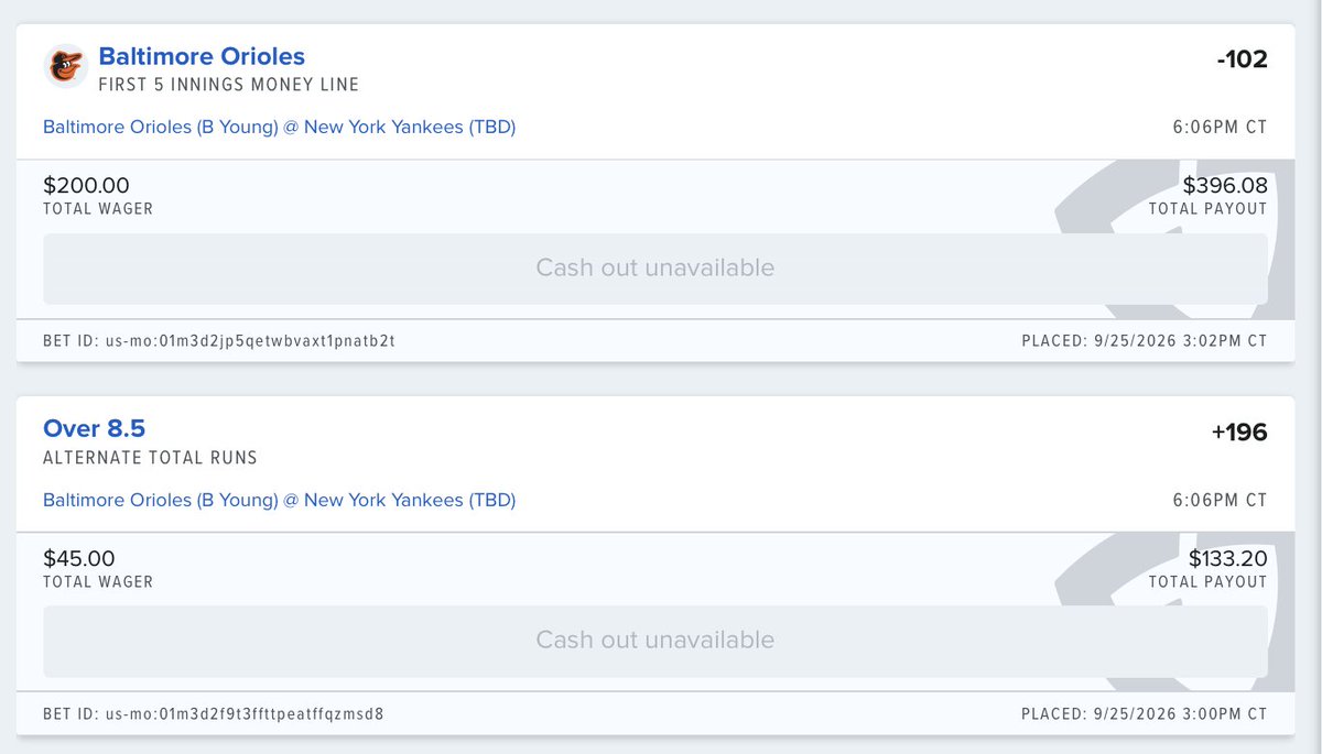 sjm26b's tweet photo. @FanDuelSports I placed 2 seperate bets on the Baltimore Orioles vs New york yankees game 1 of the double header today; however, these bets are showing up as for "game 2" and I cannot do anything with these bets. How can this be corrected? https://t.co/1I119d5CcL