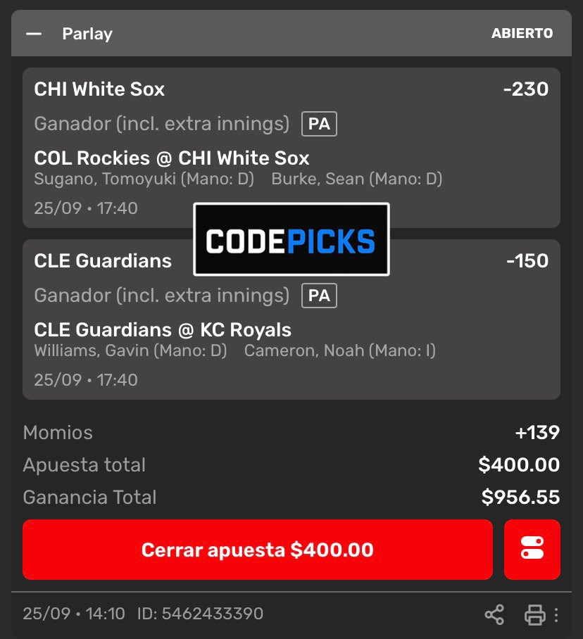 CodePicksMx's tweet photo. 🎟️ MLB PARLEY 🎟️
HOY VAMOS CON DOS ML QUE ME GUSTAN MUCHO ⚾️🔥
🧦 WHITE SOX ML
🛡️ GUARDIANS ML
Quedan 3 juegos de temporada y la pelea por la AL Central sigue viva. No hay margen para regalar nada. 👀
¿VERDE O ROJA? 🟢🔴
#MLB #WhiteSox #Guardians #CodePicks https://t.co/ftPHbccvE8