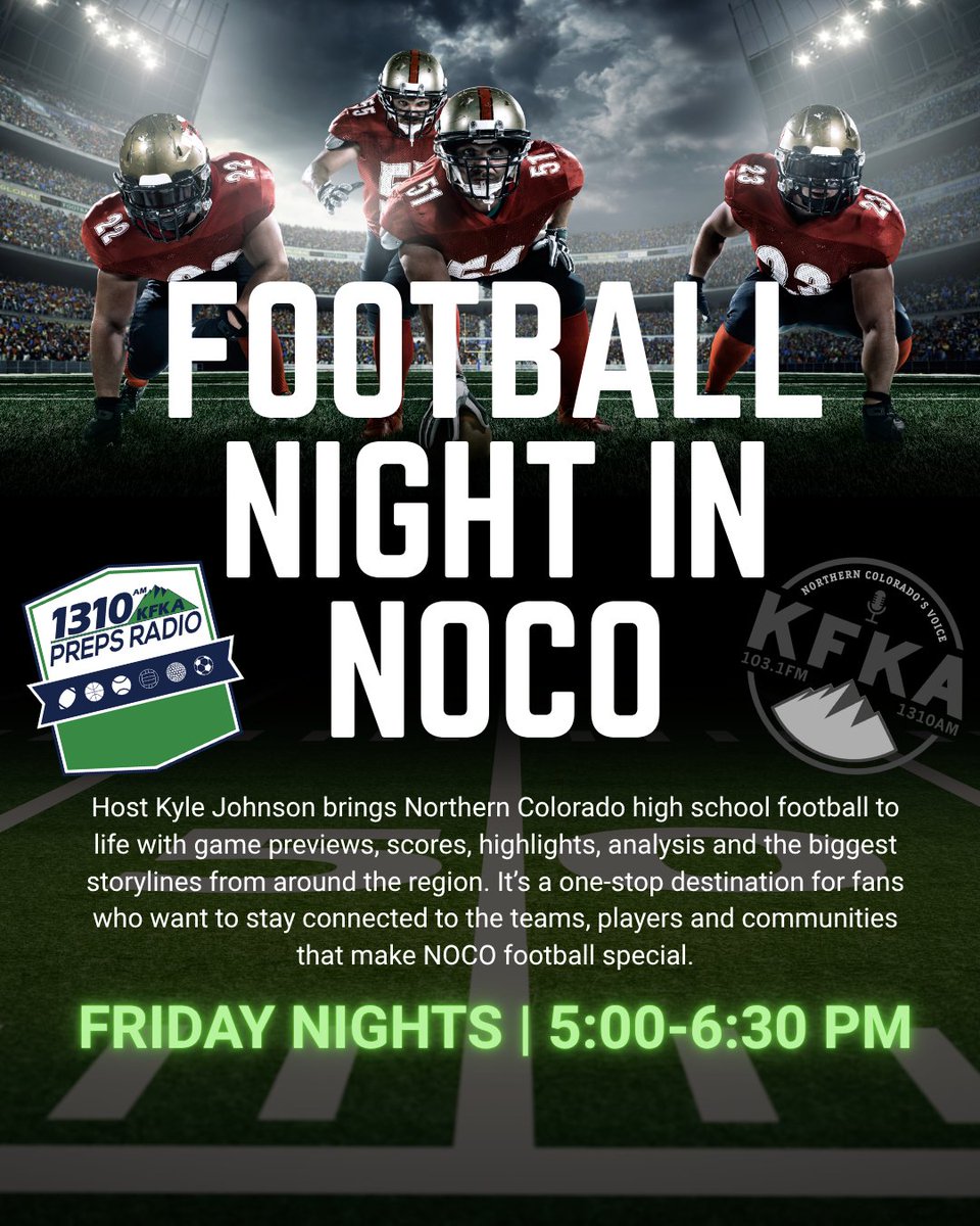 1310Prepsradio's tweet photo. @KCCAJohnson4 is ready to give you game previews, scores, interviews, and all the storylines surrounding preps football in Northern Colorado. Tune in starting at 5:00 PM

#CoPreps https://t.co/4DjvwLSjiM