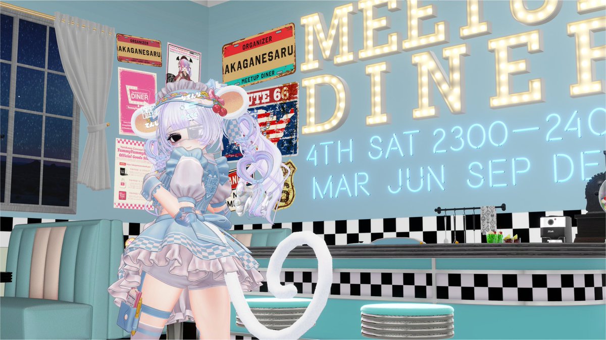 MEETUPDINER's tweet photo. 🍔ダイナー改変集会MEETUP DINER 🥤

THE・アメリカンダイナーな定番配色のほか、ピンクや水色、ティールグリーンなど色違いの撮影スポットもご用意しました📸

本日 9/26(土) 23:00–24:00 開催
https://t.co/bj1G0Hxgjv

#VRChatイベント #ダイナー改変集会 https://t.co/B4MRHlr2RH