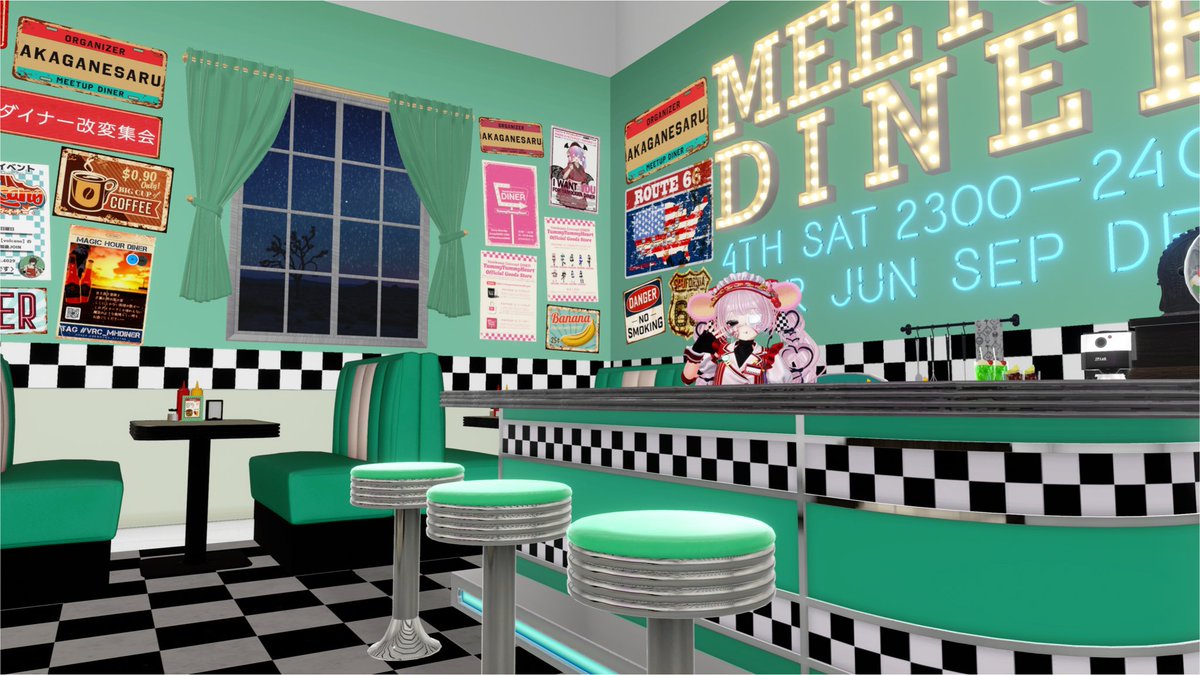 MEETUPDINER's tweet photo. 🍔ダイナー改変集会MEETUP DINER 🥤

THE・アメリカンダイナーな定番配色のほか、ピンクや水色、ティールグリーンなど色違いの撮影スポットもご用意しました📸

本日 9/26(土) 23:00–24:00 開催
https://t.co/bj1G0Hxgjv

#VRChatイベント #ダイナー改変集会 https://t.co/B4MRHlr2RH