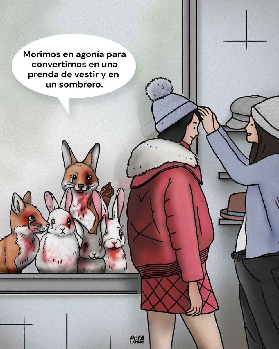 PETA_Latino's tweet photo. Los animales no son tela. Elige ropa que no esté hecha con la piel, el pelo ni las plumas de alguien. https://t.co/p0WdIYaOx0
